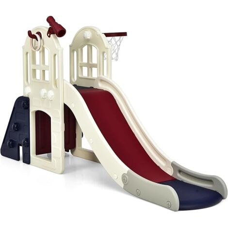 GOPLUS Scivolo Multifunzionale per Bambini 6 in 1, Set da Gioco con Canestro, Scivolo, Parete da Arrampicata, Lancio dell'Anello, Binocolo, Tunnel, Tavolo da Picnic, 189,5 x 83 x 98 cm (Blu)