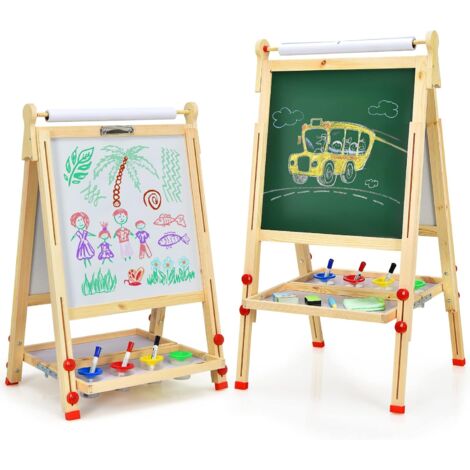 GOPLUS Chevalet 3 en 1 en Bois de Pin avec Hauteur Reglable, Tableau en Double Face avec Patins Antiderapants, Chevalet avec Accessoires Abondants et Structure Solide, pour Enfants de 3+Ans