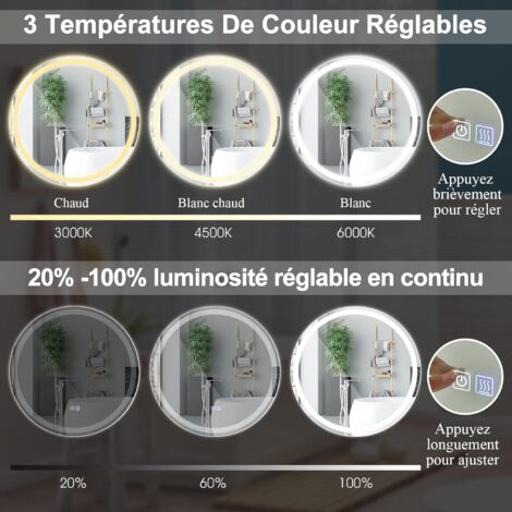 Miroir De Salle De Bain LED Anti-buée 120x60 Cm - Avec Horloge, 3 Couleurs De Lumière, Gradation, Design Fin