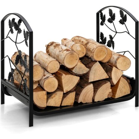 GOPLUS Range Bûches Décoratif, Porte Bûches en Acier Très Résistant avec des Pieds Surélevés, Motifs de Feuilles élégants, Charge de 50 kg, Serviteur Cheminée pour Intérieur Extérieur (1/5)