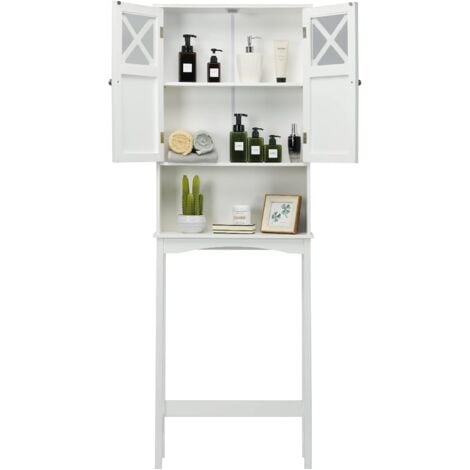 GOPLUS Meuble Dessus de Toilette avec Placard à Porte et étagère Ouverte, Armoire de Salle de Bain avec Dispositif Anti-Basculement, Meuble WC Multifonctionnel pour Salle de Bain, 60X20X173CM