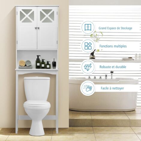 GOPLUS Meuble Dessus de Toilette avec Placard à Porte et étagère Ouverte, Armoire de Salle de Bain avec Dispositif Anti-Basculement, Meuble WC Multifonctionnel pour Salle de Bain, 60X20X173CM