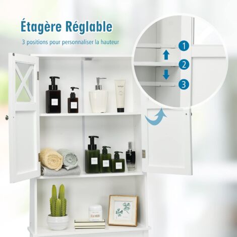 GOPLUS Meuble Dessus de Toilette avec Placard à Porte et étagère Ouverte, Armoire de Salle de Bain avec Dispositif Anti-Basculement, Meuble WC Multifonctionnel pour Salle de Bain, 60X20X173CM