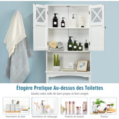 GOPLUS Meuble Dessus de Toilette avec Placard à Porte et étagère Ouverte, Armoire de Salle de Bain avec Dispositif Anti-Basculement, Meuble WC Multifonctionnel pour Salle de Bain, 60X20X173CM