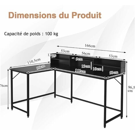 Bureau Informatique d'Angle Table d'Angle avec 2 Étagères et Tablette pour  Clavier en Bois, 120x60x76,5cm, Noir/Blanc - Costway