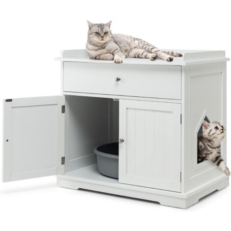 Goplus – Maisonnette pour chat avec placard double et tiroir – MDF blanc – Dimensions 76x53x74 cm – Fenêtre et poignées métalliques