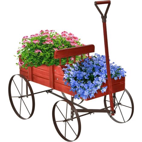 GOPLUS Brouette Décorative en Bois- 35×62,5×60cm- 2 Compartiments à Plantere-Jardinière Forme Brouette Chariot-Jusqu’à 15kg-Rouge (1/5)