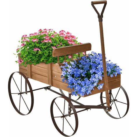 Goplus – Brouette décorative en bois 35x62,5x60cm – 2 compartiments – Charge max 15kg – Pour plantes en extérieur – Structure en sapin et fer - 15kg-Marron (1/5)