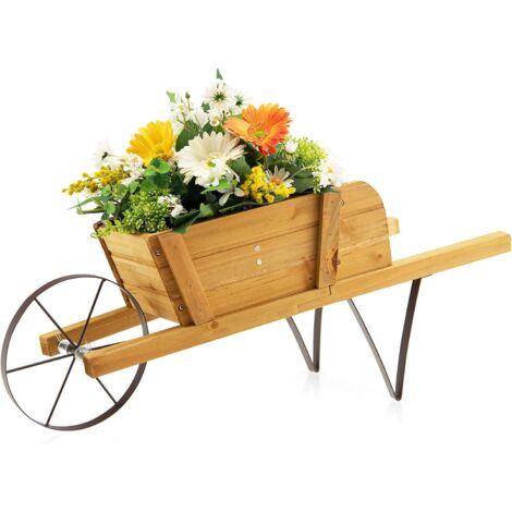 GOPLUS Support de Plantes en Forme de brouette en Bois, Support de Pots de Fleurs décoratif avec Roue en métal, 9 Accessoires magnétiques remplaçables, Support de Plantes (1/5)