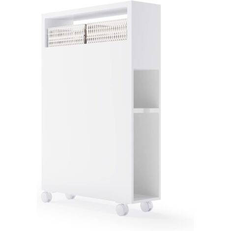 GOPLUS Meuble de Salle de Bain Mobile, 50x19x72cm, Meuble de Rangement Multifonctionnel avec 2 Tiroirs, 2 Paniers en Rotin et 4 roulettes Universelles, Emplacement pour la Brosse de la Toilette, Blanc (1/5)