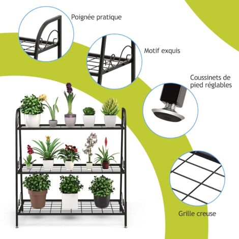 Étagère à Plantes 3 Niveaux Métal – Support Fleurs 69 × 63 × 31 Cm – Intérieur Balcon Jardin Terrasse – Design Moderne