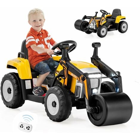 GOPLUS Tracteur électrique Enfants 3+Ans avec Rouleau  Compresseur3-8Km/h,Télécommande 2,4G,Voiture