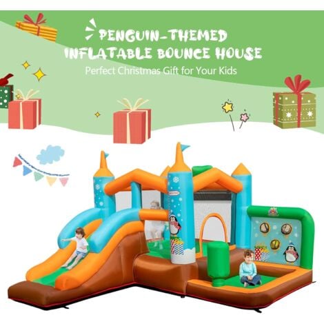 GOPLUS Château Gonflable 6 en 1 pour Enfants avec Toboggan, Trampoline Jeu Boxe, Aire de Jeux Gonflable Pingouin pour 3 Enfants 3-12 Ans Jusqu’à 90kg (Pingouin sans souffleur)