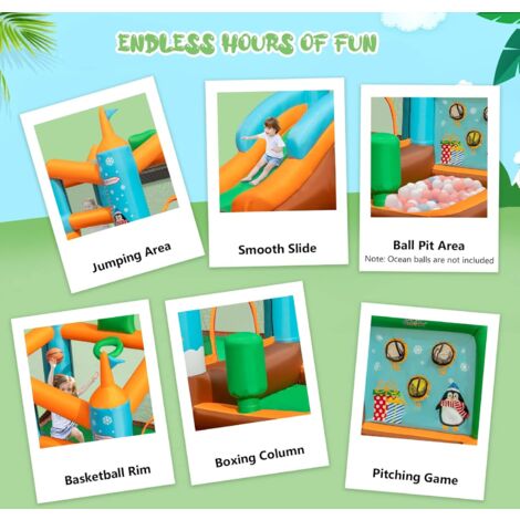 GOPLUS Château Gonflable 6 en 1 pour Enfants avec Toboggan, Trampoline Jeu Boxe, Aire de Jeux Gonflable Pingouin pour 3 Enfants 3-12 Ans Jusqu’à 90kg (Pingouin sans souffleur)