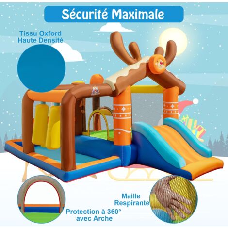 Château Gonflable Enfants 3-10 Ans - 370x280x230cm - Filet De Protection - Toboggan - 4 Piquets Fixation - Sans Souffleur