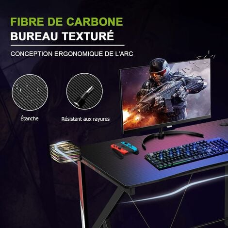 Bureau Gamer 115x60cm, Bureau d'ordinateur en Fibre de Carbone avec  Porte-gobelet et Support Casque, Noir