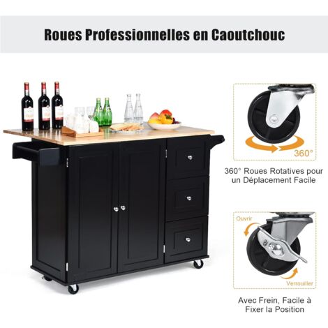 GOPLUS Desserte Cuisine à Roulettes - Chariot Bois 3 Tiroirs + 3 Étagères + Plateau Amovible, 67x37x83,5 Cm, Noir Élégant