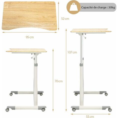 GOPLUS Table de Bureau Réglable en Hauteur 70-107 cm, Bureau d'Ordinateur Compact avec Roues Verrouillables, Table Roulante pour Ordinateur Portable avec Cadre en Acier pour Bureau(Naturel)