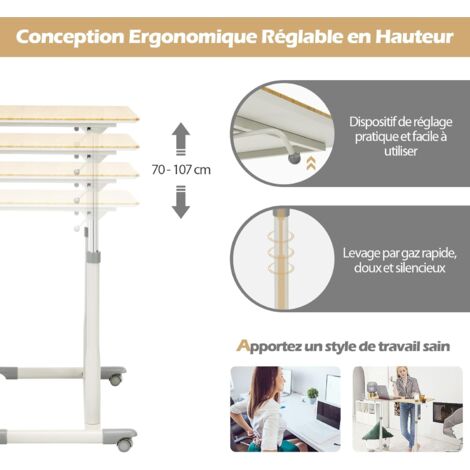 GOPLUS Table de Bureau Réglable en Hauteur 70-107 cm, Bureau d'Ordinateur Compact avec Roues Verrouillables, Table Roulante pour Ordinateur Portable avec Cadre en Acier pour Bureau(Naturel)