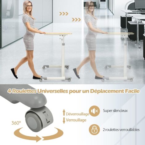 GOPLUS Table de Bureau Réglable en Hauteur 70-107 cm, Bureau d'Ordinateur Compact avec Roues Verrouillables, Table Roulante pour Ordinateur Portable avec Cadre en Acier pour Bureau(Naturel)