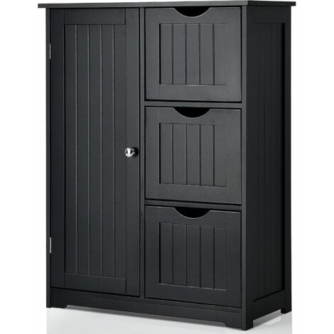 Goplus – Meuble bas de salle de bain 3 tiroirs et 1 placard – Porte magnétique – Étagère réglable – Dimensions 60x30x82cm – Anti-basculement – Noir (1/5)