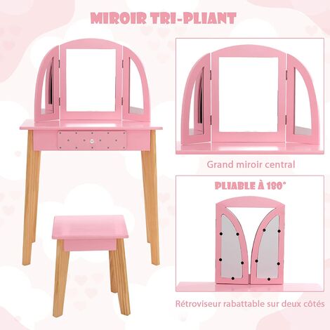 Ensemble Coiffeuse et Tabouret pour Enfants Miroir à 3 Volets