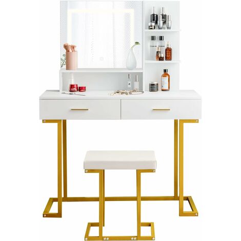 GOPLUS Coiffeuse avec Miroir à LED Lumineux, Tabouret Rembourré&Stockage Multiple,45Px100lx137Hcm,Blanc+Pieds en Métal (1/5)