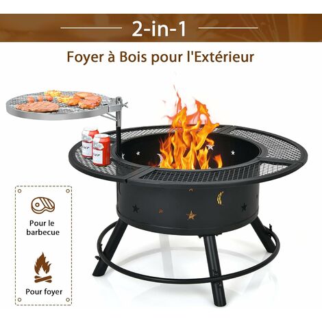 COSTWAY ?49 cm Brasero Extérieur Barbecue avec Grille de Barbecue Réglable  et Pivotante à 360 °, Tisonnier Acier, Camping, Barbecue