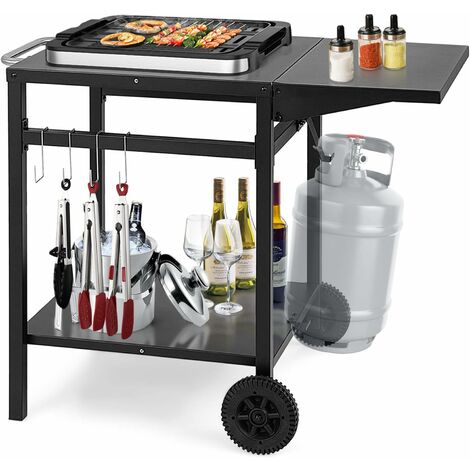 Goplus – Desserte de jardin avec plateau pliant – Chariot de barbecue en métal noir – 2 roues antidérapantes – Dimensions 96,5x64x75cm