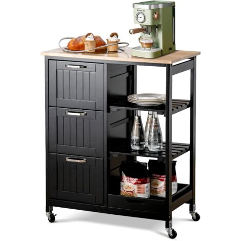 GOPLUS Desserte de Cuisine à roulettes, Chariot de Cuisine en Bois avec 3 Tiroirs, 3 étagères, Plateau Amovible, 67x37x83,5CM, Noir (1/5)