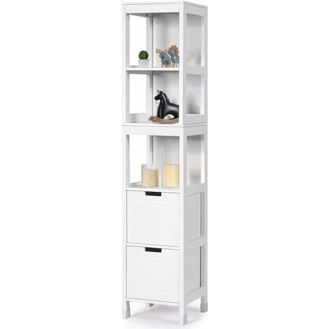 GOPLUS Meuble Colonne de Salle de Bain sur Pied, Meubles de Rangement WC avec 5 Etagères et 2 Tiroirs Réglables, Commode Armoire Colonne Haute Blanche 30 x 30 x 144,5 cm, pour Toilettes, Salle de Bain (1/5)