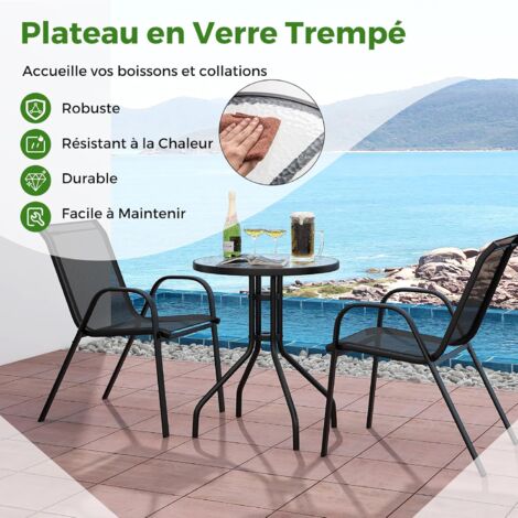 Salon De Jardin Bistro 3 Pièces – Table Verre Trempé + 2 Chaises Rotin Marron (MONSTERSHOP)