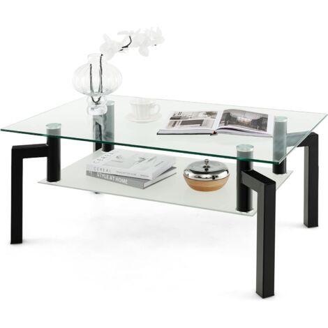 GOPLUS Table Basse en Verre Trempé à 2 Niveaux Etagère Ouverte,Table d’Appoint Style Minimaliste Simple,Charge 90KG+30KG,100x60x43CM (1/5)