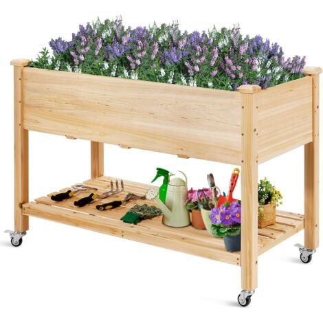 GOPLUS Lit Surélevé avec Roulettes, Lit de Jardin en Bois de Sapin avec étagère & Trous D'écoulement,Naturel, 120 X 59 X 84 cm (1/5)