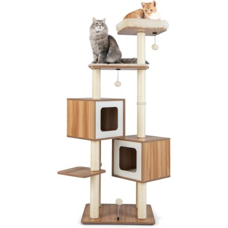 Goplus – Arbre à chat 163 cm en MDF naturel – 6 niveaux avec condos et plateformes – 10 griffoirs en sisal – Coussins amovibles et lavables (1/4)