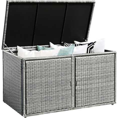 Goplus – Coffre de jardin en rotin PE 115x60x65cm – 2 étagères et couvercle à charnière – Résistant aux intempéries – Design rustique