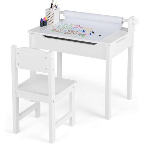 Goplus – Table enfant multifonctionnelle avec rouleau de papier – Bureau d’écriture en bois avec rangement – Chaise ergonomique 3+ ans – Dimensions 60x40x58 cm