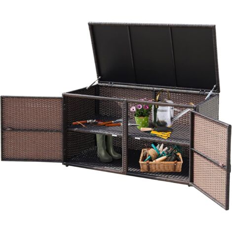 GOPLUS Coffre de Rangement en Rotin PE avec 2 étagères, 115X60X65CM, Boîte de Rangement avec Couvercle à Charnière et 2 Portes, Brun