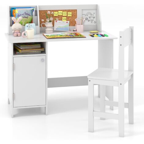 Goplus – Bureau enfant avec chaise 90x45x86cm – Armoire de rangement et bibliothèque – Conception ergonomique et durable – Blanc - Chaise-90x45x86CM-1 (1/5)
