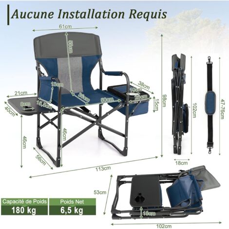 Chaise de Camping Pliante avec Table Latérale et Sac Isotherme Charge 180KG  Sac de Rangement Sangle Portable Bleu - Costway