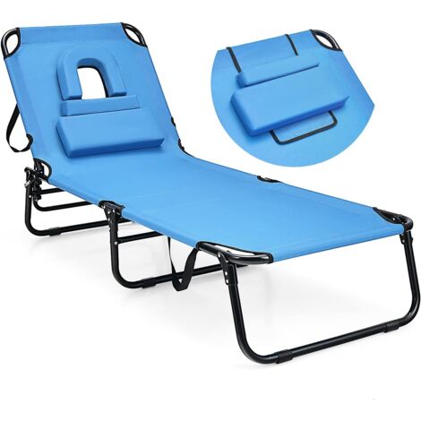Chaise Longue de Jardin Pliable - GOPLUS - Réglable en 5 Positions 63x194x37CM - Trou pour Visage - Charge 160KG - Bleu (1/5)