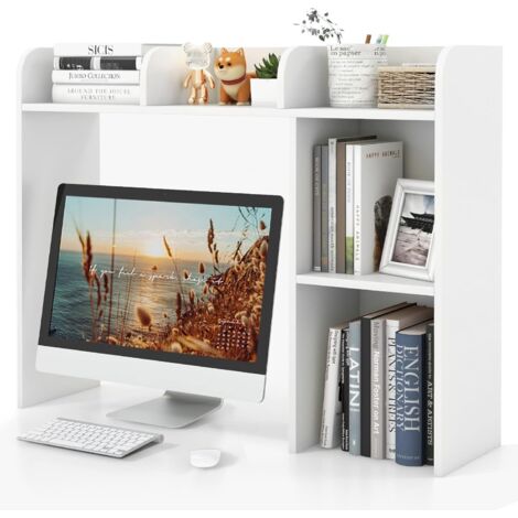 GOPLUS Bibliothèque de Bureau en Bois avec Plusieurs Tablettes, Organiseur de Bureau avec Dispositif Anti-Basculement, 94 x 25 x 74 CM, Blanc