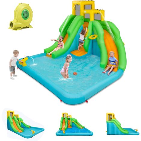 Goplus – Château gonflable 5-en-1 avec 2 toboggans – Mur d’escalade et piscine – Capacité 3 enfants – Tissu Oxford imperméable – Ventilateur 680W inclus