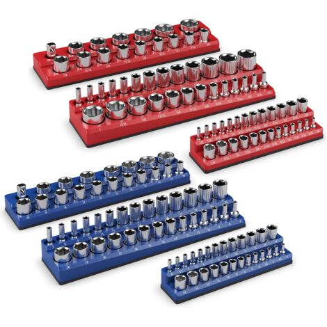 GOPLUS Lot de 6 Organiseurs de Douilles Magnétiques, Kit de Support de Douille Professionnelle avec Entraînements 1/4", 3/8", 1/2", pour Douilles Plates et Profondes, Rouge & Bleu (1/5)