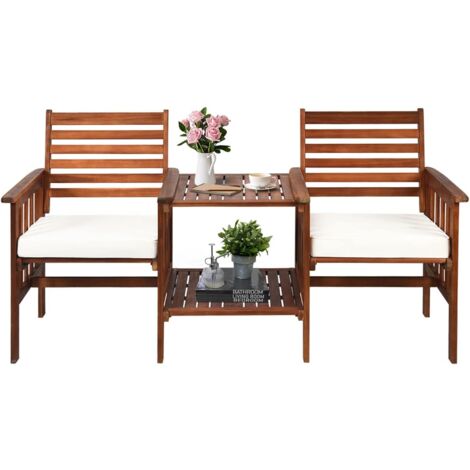 Goplus – Ensemble de salon de jardin en bois d'acacia – 2 fauteuils ergonomiques et table basse avec trou pour parasol – Résistant aux intempéries – 165x65x88 cm (1/5)