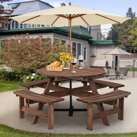 Goplus – Ensemble table et 4 bancs en bois de sapin pour 8 personnes – Trou de parasol – Dimensions 178x70cm – Capacité 90kg/table, 225kg/banc