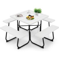GOPLUS Table de Pique-Nique avec 4 Bancs Intégrés pour 4 à 8 Personnes, Table de Jadin en HDPE avec Trou pour Parasol, Table de Camping Carrée en Plein Air, Cadre en Métal, Capacité de 225KG (Blanc)