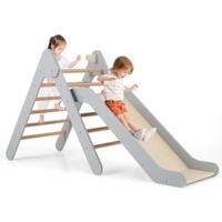 Toboggan 2 en 1 - GOPLUS - avec Triangle Escalade Montessori, Rampe, Charge 60 KG, Jeux Montessori pour Tout-Petits de 1 An+, Gris