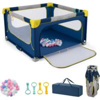 GOPLUS Parc Bebe Pliable 127x127cm, Parc Enfant Modulable avec 50 Balles Océaniques, 4 Poignées, Maille Respirante, Sac de Transport, Centre d'Activités pour 0-3 Ans (Bleu)