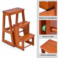 GOPLUS Tabouret Escabeau 3 Marches Pliable En Bois De Pin - 57x39x65cm, Charge 150kg (Noyer)
